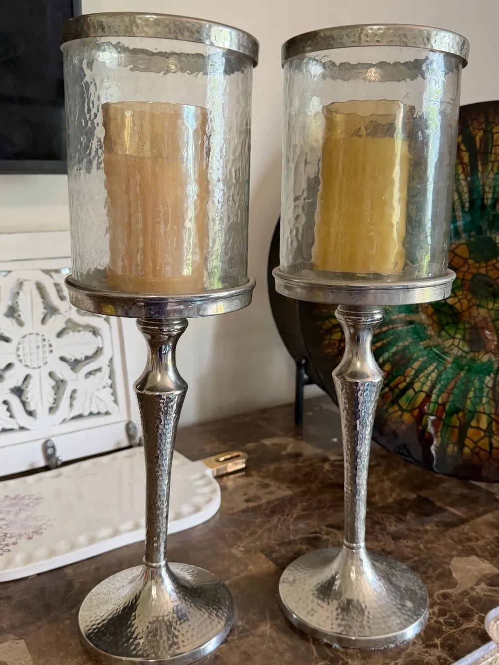 Silver Hammered Metal Hurricane Candle Holders with Cream Pillar Candles - Pair